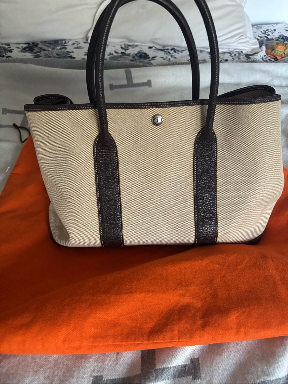 Hermes Canvas Tote Bag with Dark Brown Leather Trim - Beige
